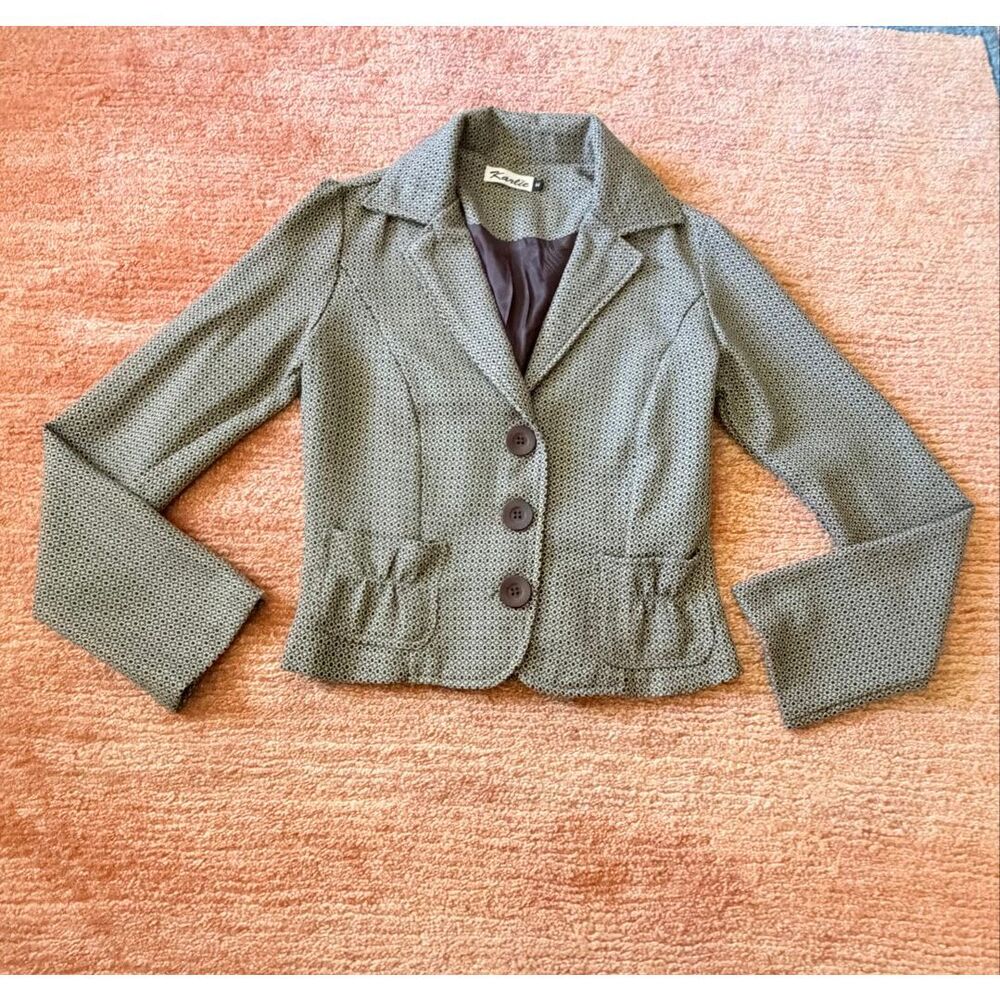 Karee Cropped Blazer Jacket M Brown Print Fitted Button Front